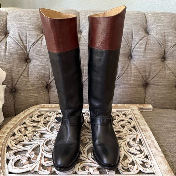 Frye Tall Black & Brown Leather Riding Style Boots Women’s 6.5 - Picture 2 of 9